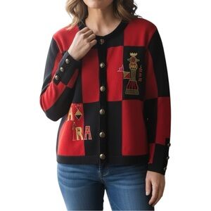 Bode Vintage Wool Blend Checkered Chess Button Front Cardigan Red Black Large